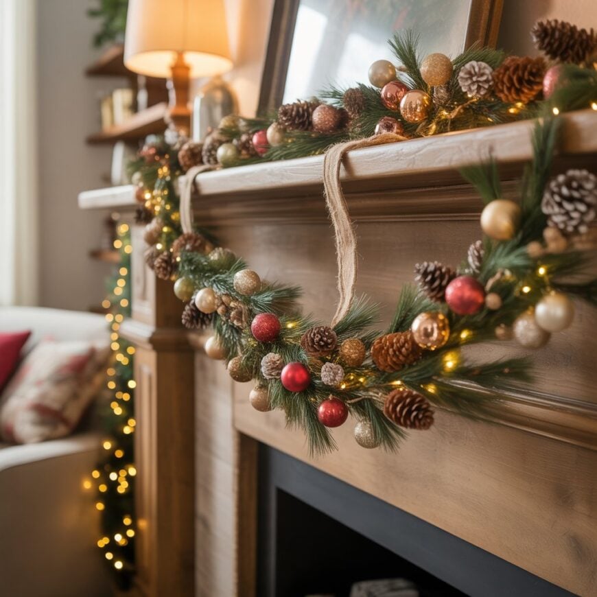 A fireplace mantel decorated with pine garland, pinecones, and red and gold ornaments lit by string lights.