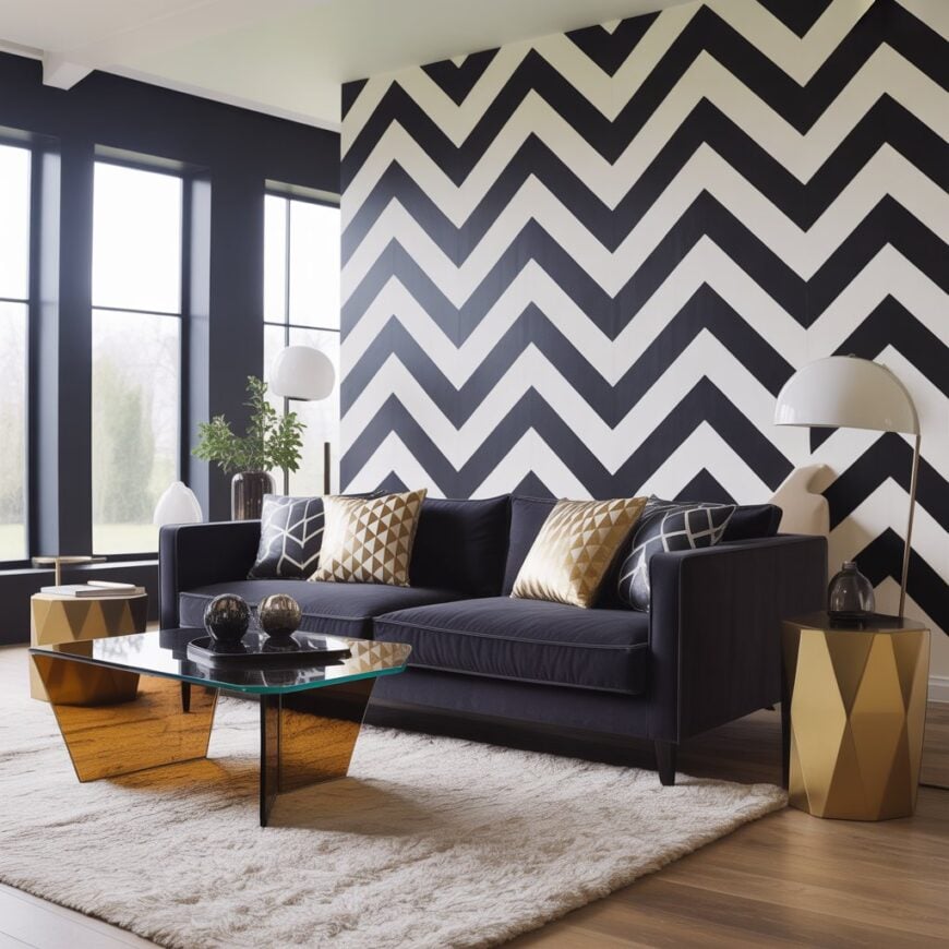 A modern living room with a black sofa, geometric-patterned pillows, a glass coffee table with gold accents, a white floor lamp, gold side tables, and a black-and-white chevron accent wall.