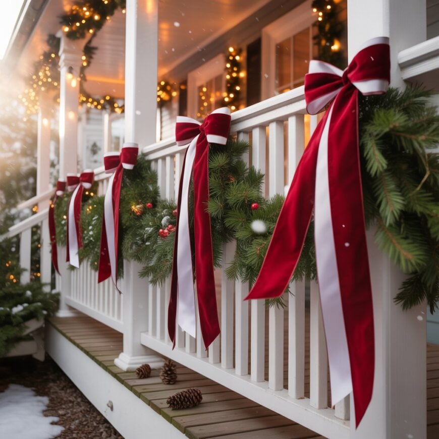 Red and white ribbon bows and evergreen garlands decorate a porch railing with lights.