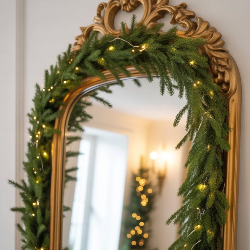 Gold-framed mirror decorated with a green garland and small warm lights.