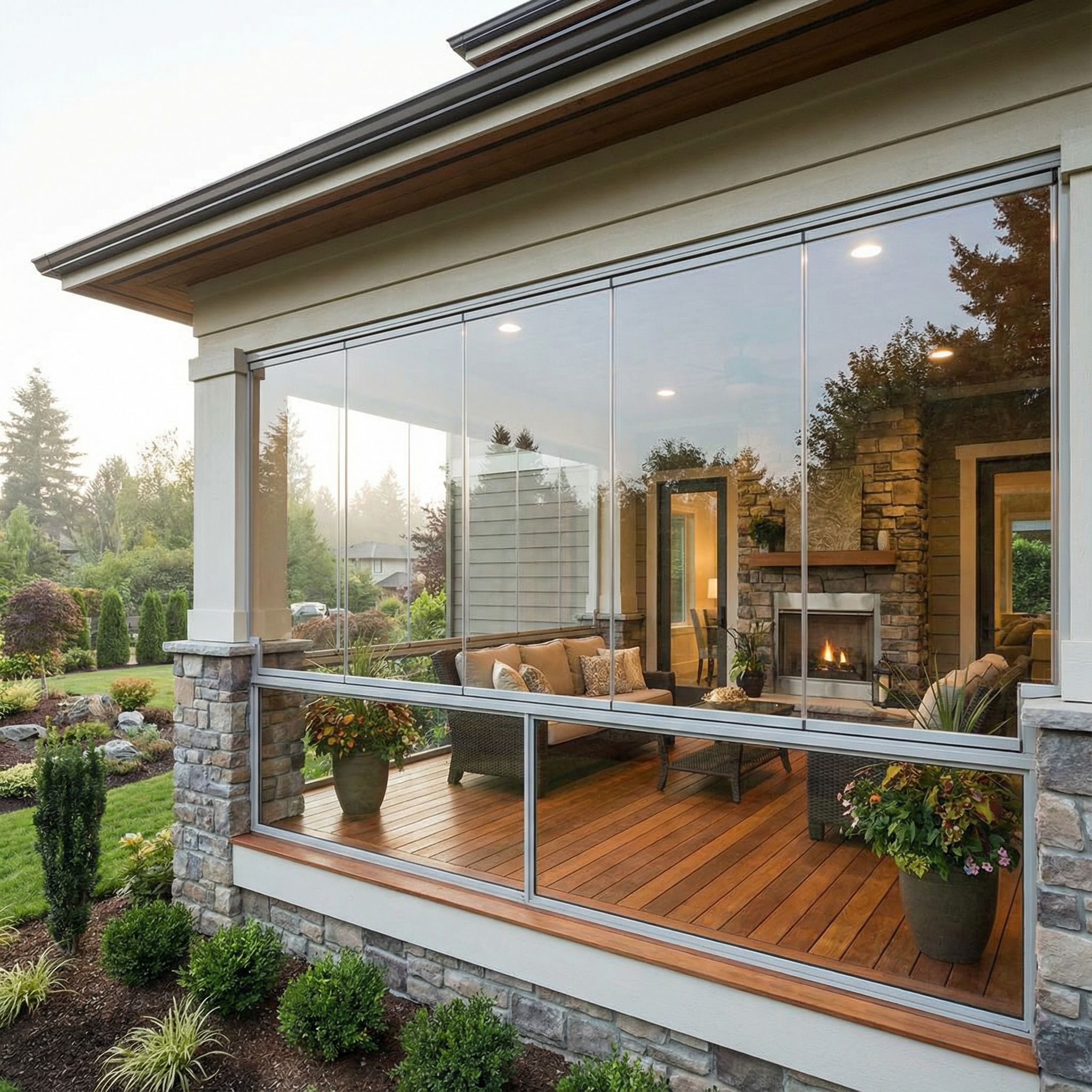Glass-Enclosed Covered Front Porch for All Weather