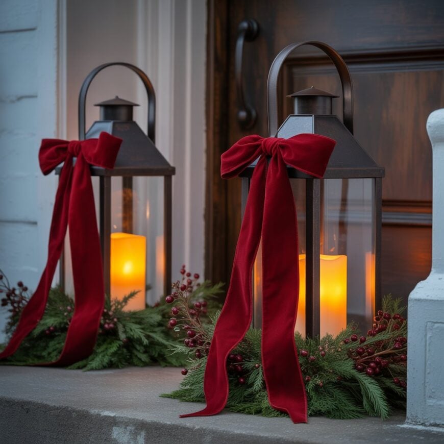 Two lanterns with lit candles are decorated with red bows, greenery, and berries on a front step.