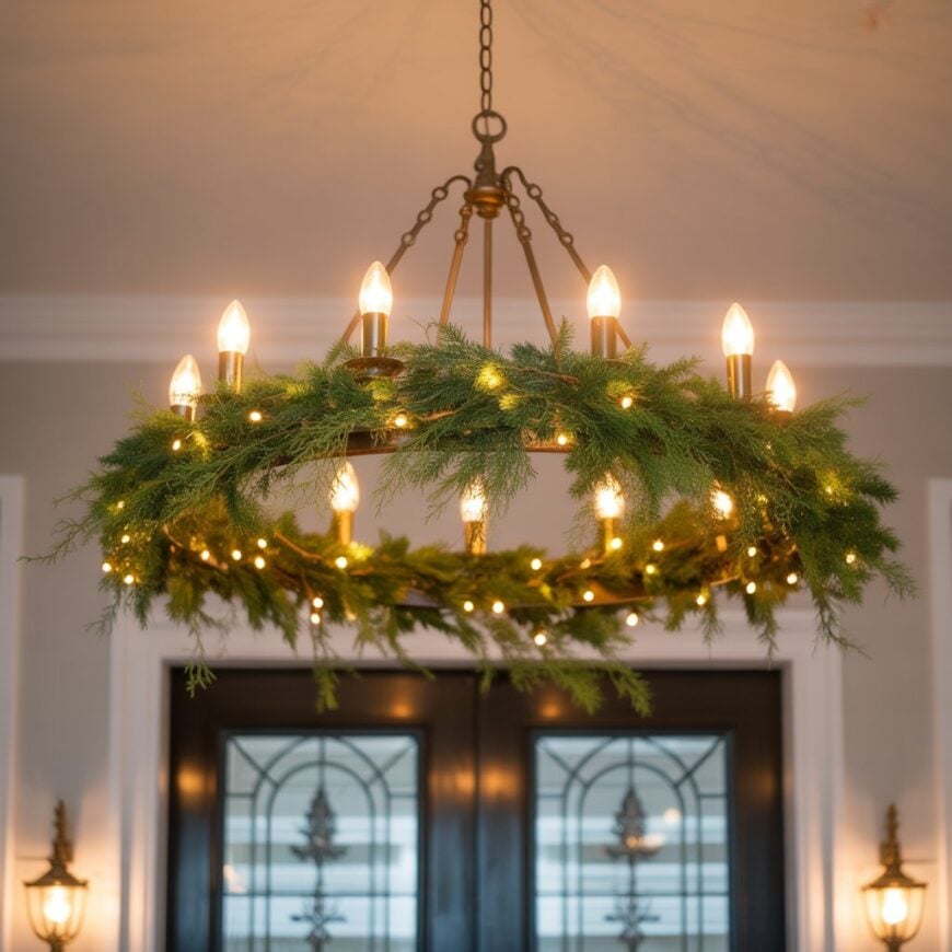 Circular chandelier wrapped in green garland and warm string lights hanging in an entryway.