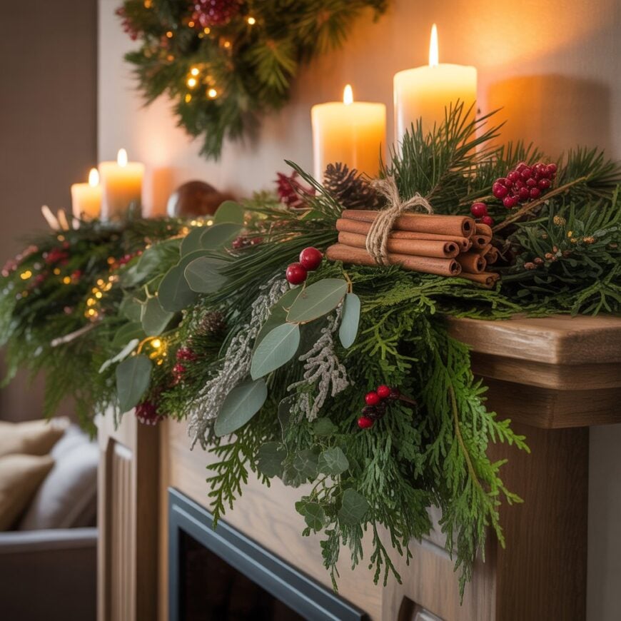 A fireplace mantel decorated with evergreen garland, candles, red berries, and bundles of cinnamon sticks.