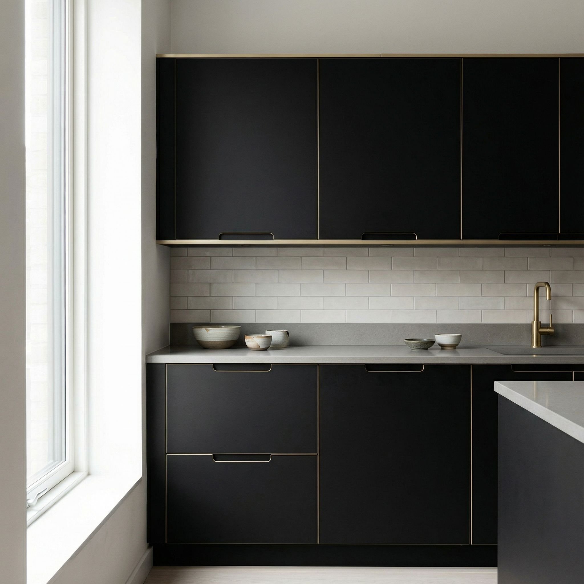 Handleless Matte Black Cabinets with Brass Accents