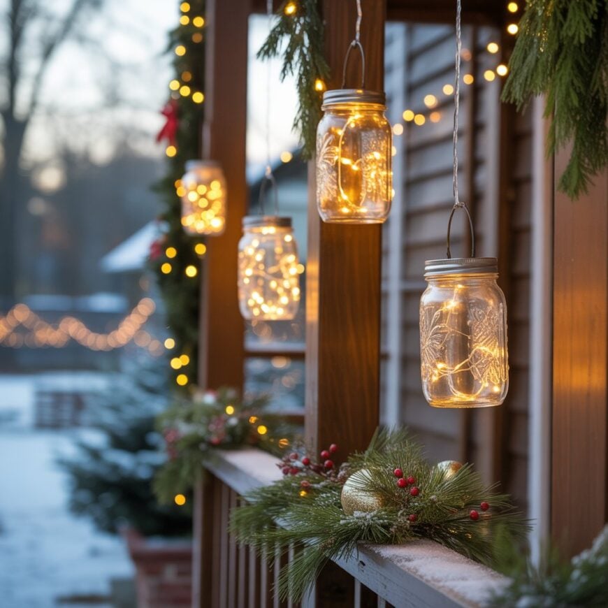 Hanging mason jars filled with string lights decorate a porch railing with evergreen and berry garland in winter.