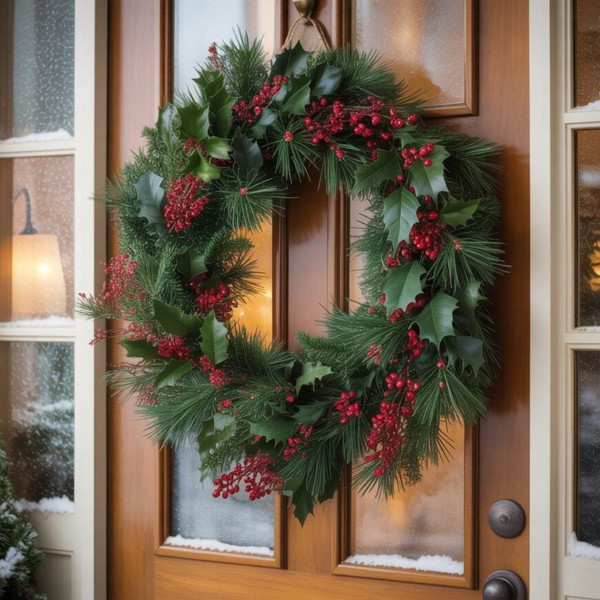 A green wreath with red berries hangs on a wooden front door with snow on the edges.