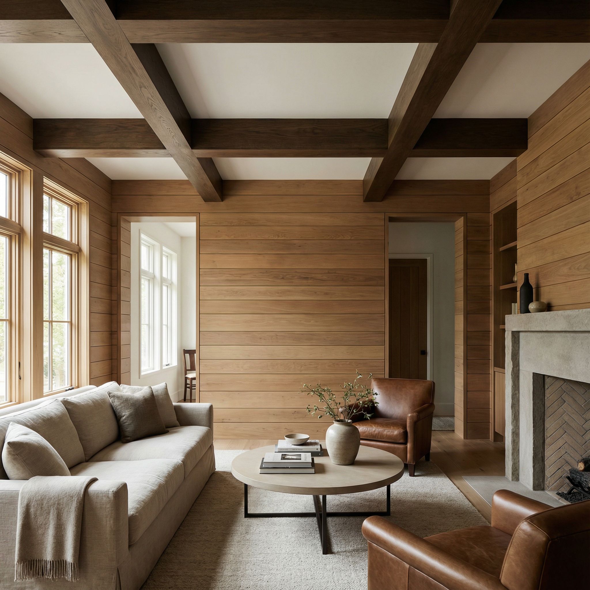 Horizontal Wood Panel Living Room with Box Beam Configuration