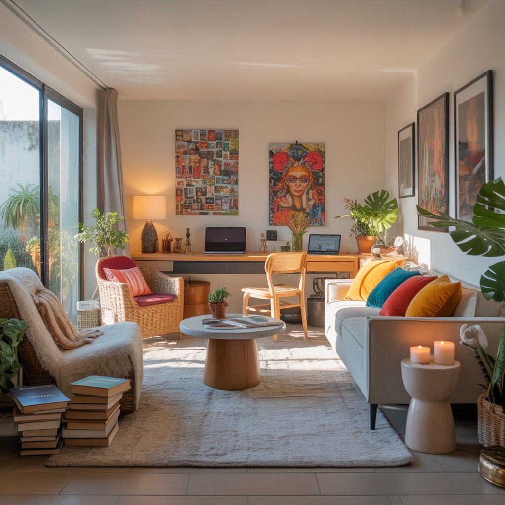 A bright living room with a sofa, colorful pillows, a wicker chair, a round coffee table, indoor plants, stacked books, and a desk with artwork above it.