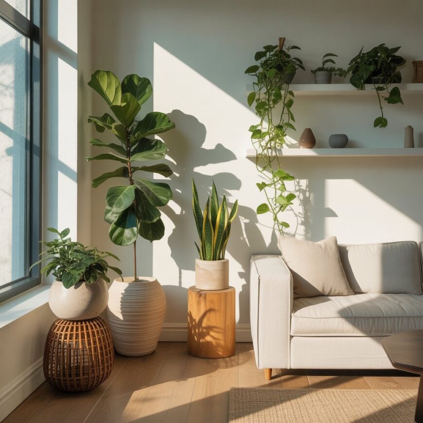 A bright living room corner with potted plants, wall shelves, and a light beige sofa in natural sunlight.