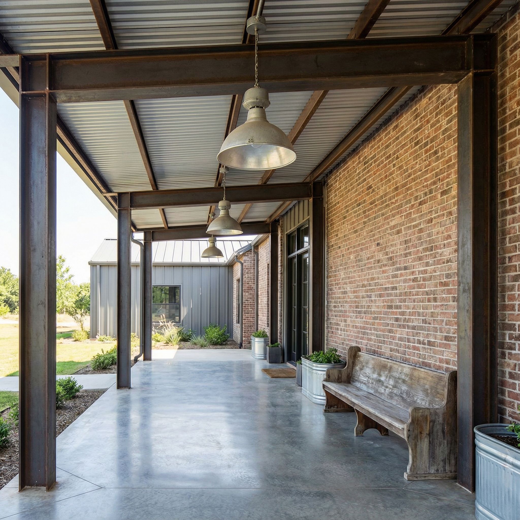 Industrial Covered Front Porch with Exposed Elements