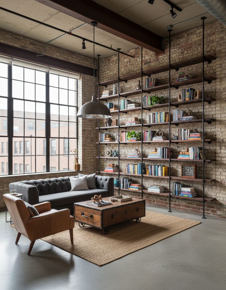 Industrial Living Room with Exposed Book Shelving