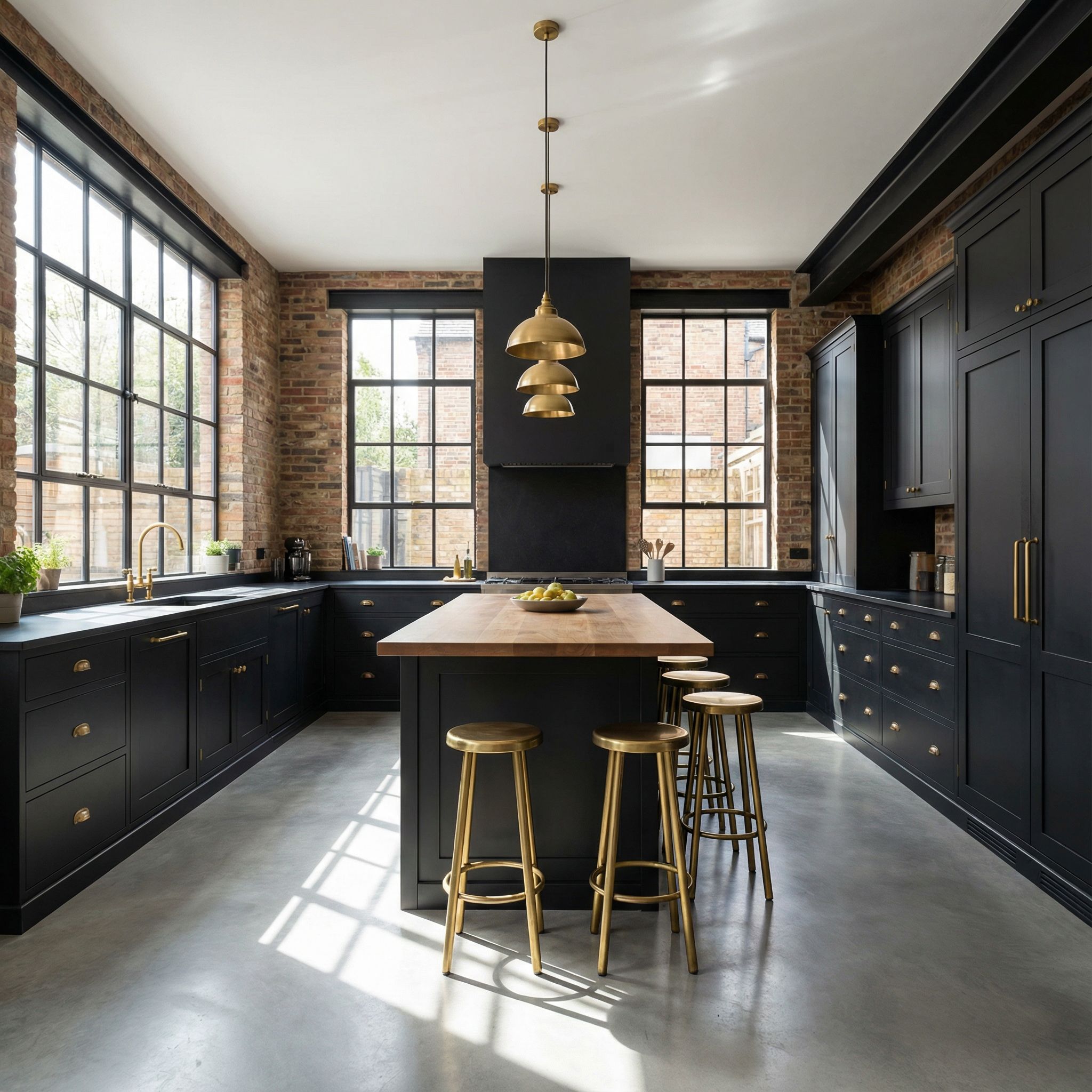 Industrial Matte Black Kitchen with Brass Fixtures