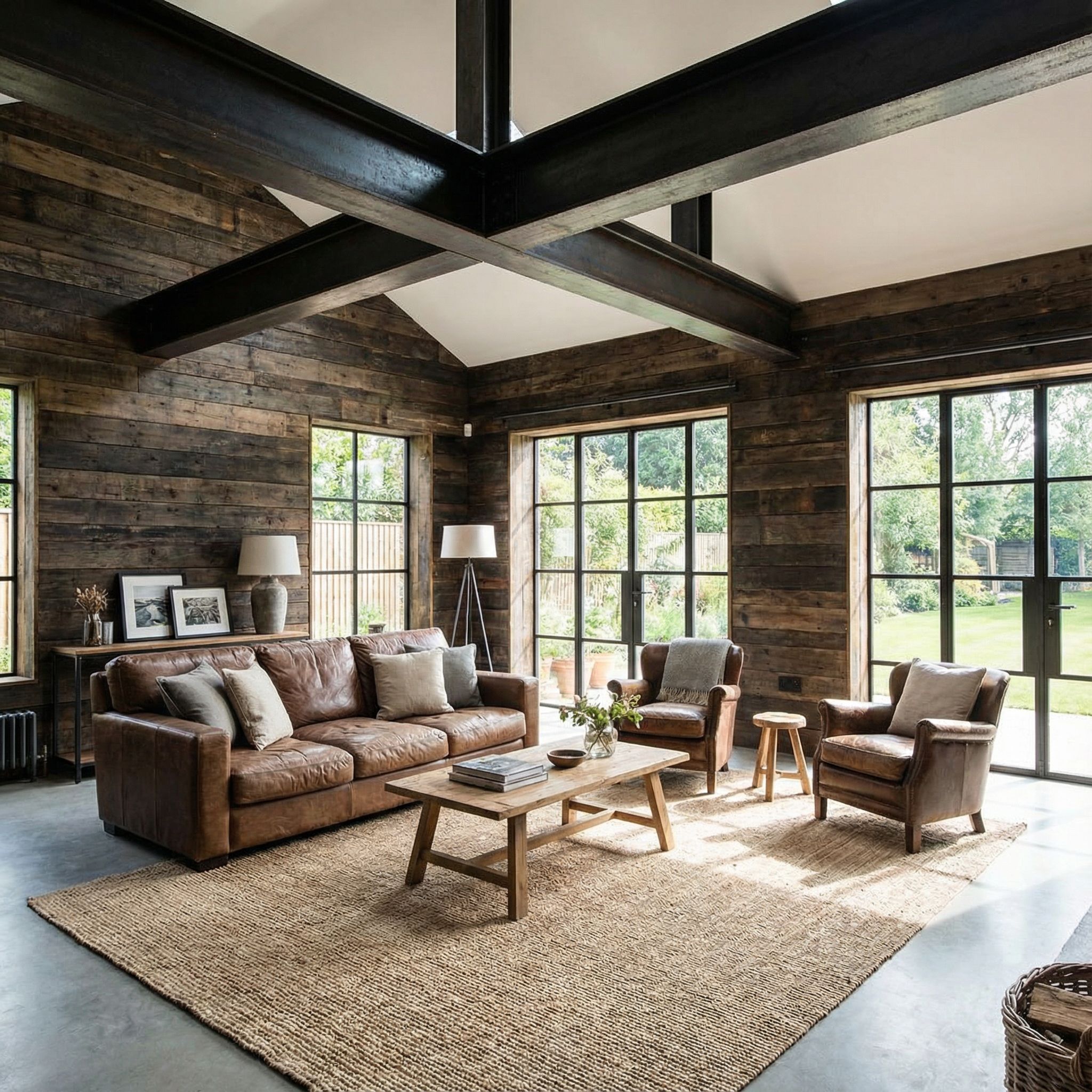 Industrial Wood Panel Living Room with Factory-Style Ceiling Beams
