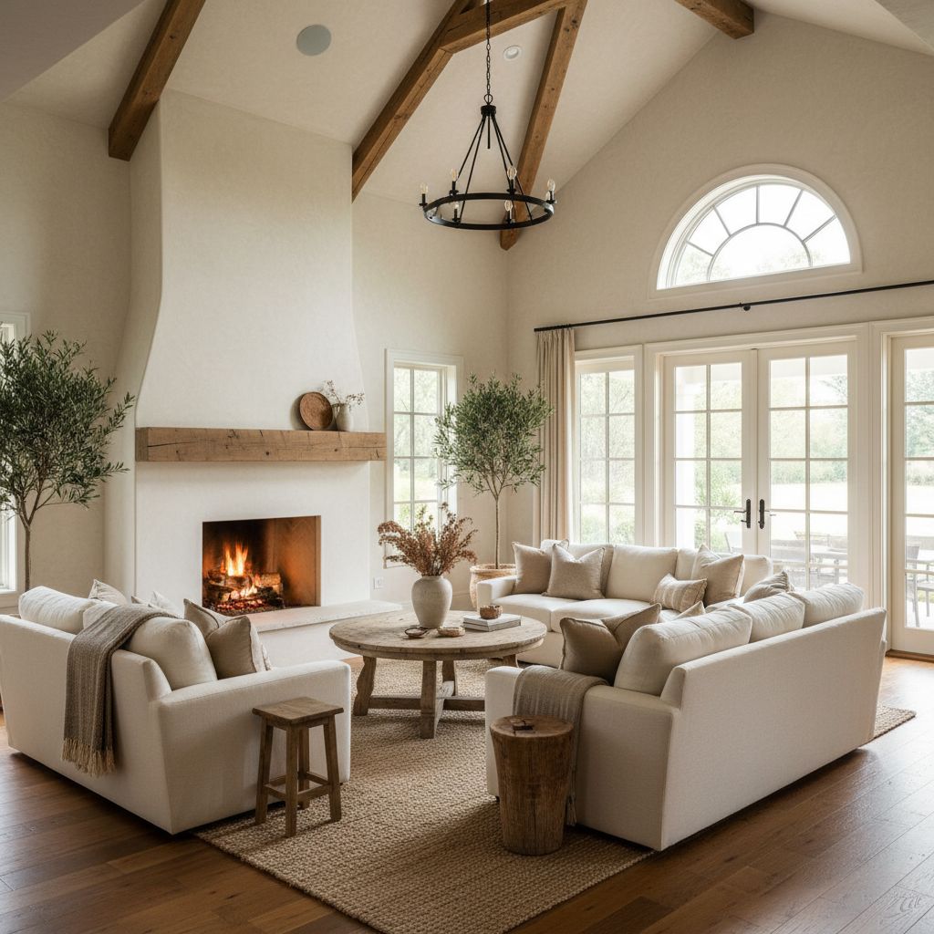 Intimate Farmhouse Living Room with Vaulted Ceilings
