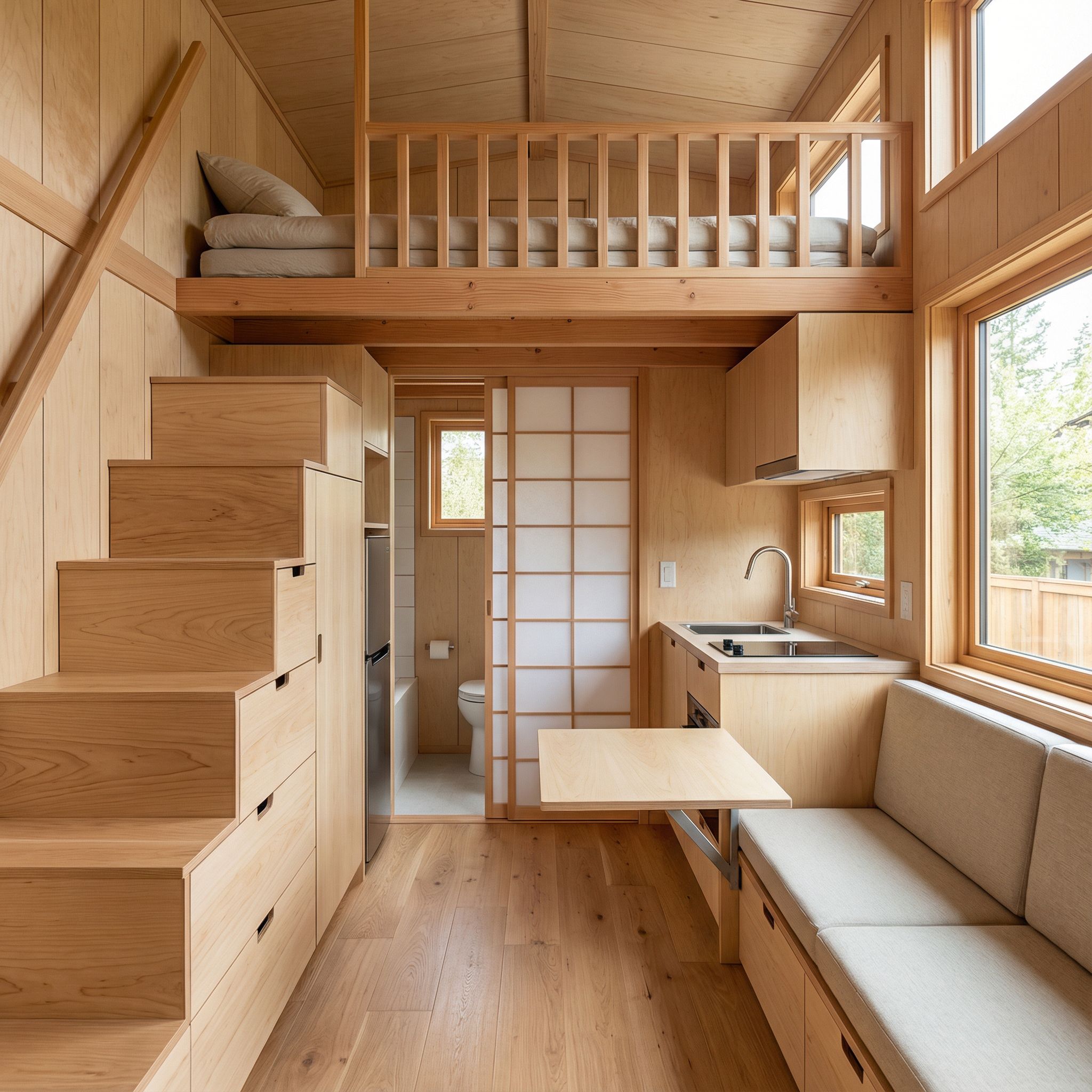 Japanese-Inspired Tiny Home Loft Bed Interior