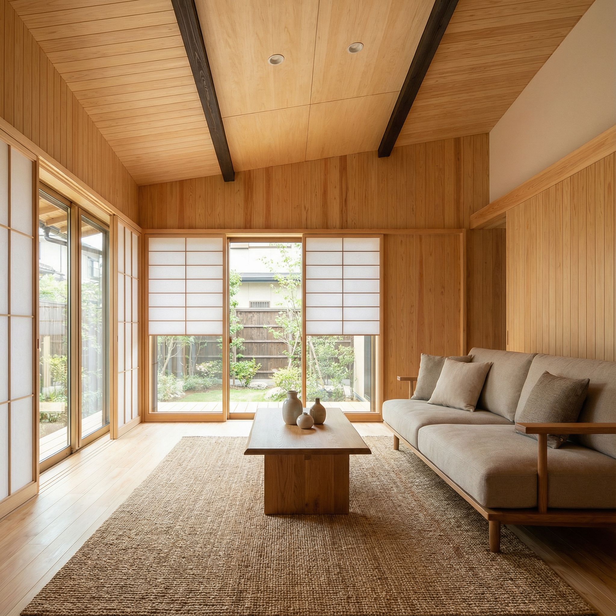 Japanese-Inspired Wood Panelled Living Room with Minimal Exposed Beams