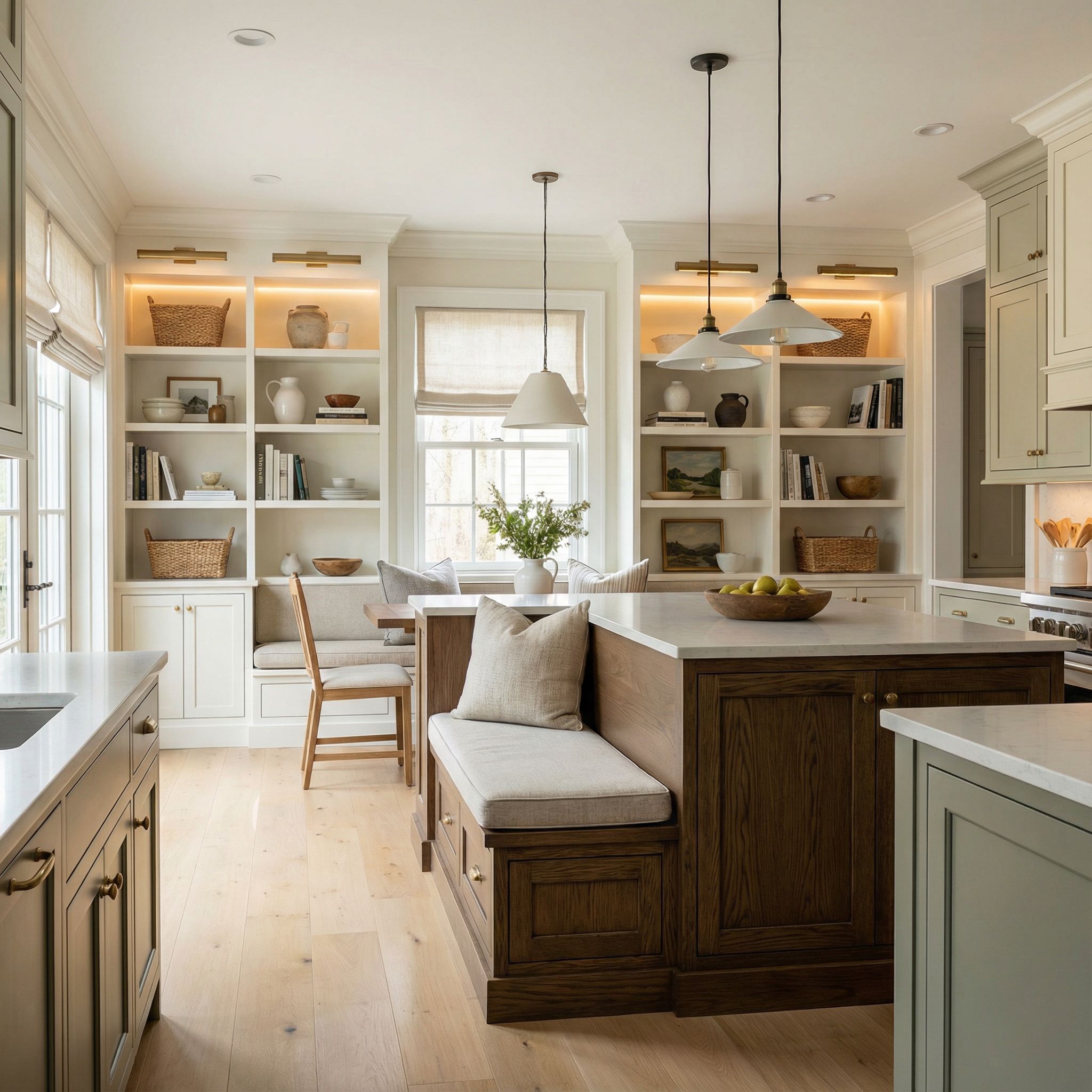 Kitchen Island Dining Nook with Built-In Bookshelves