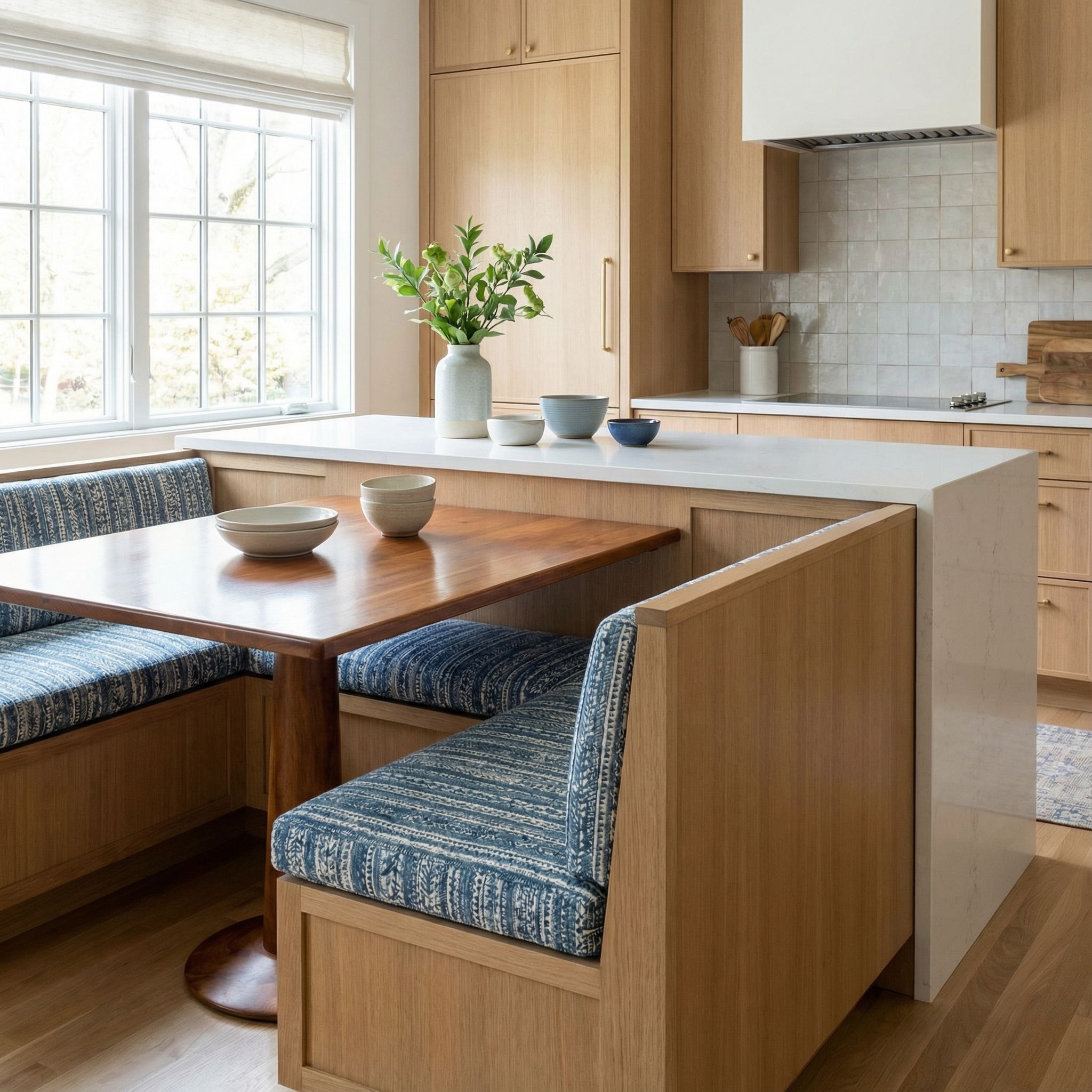 Kitchen Island Dining Nook with Patterned Fabric Cushions