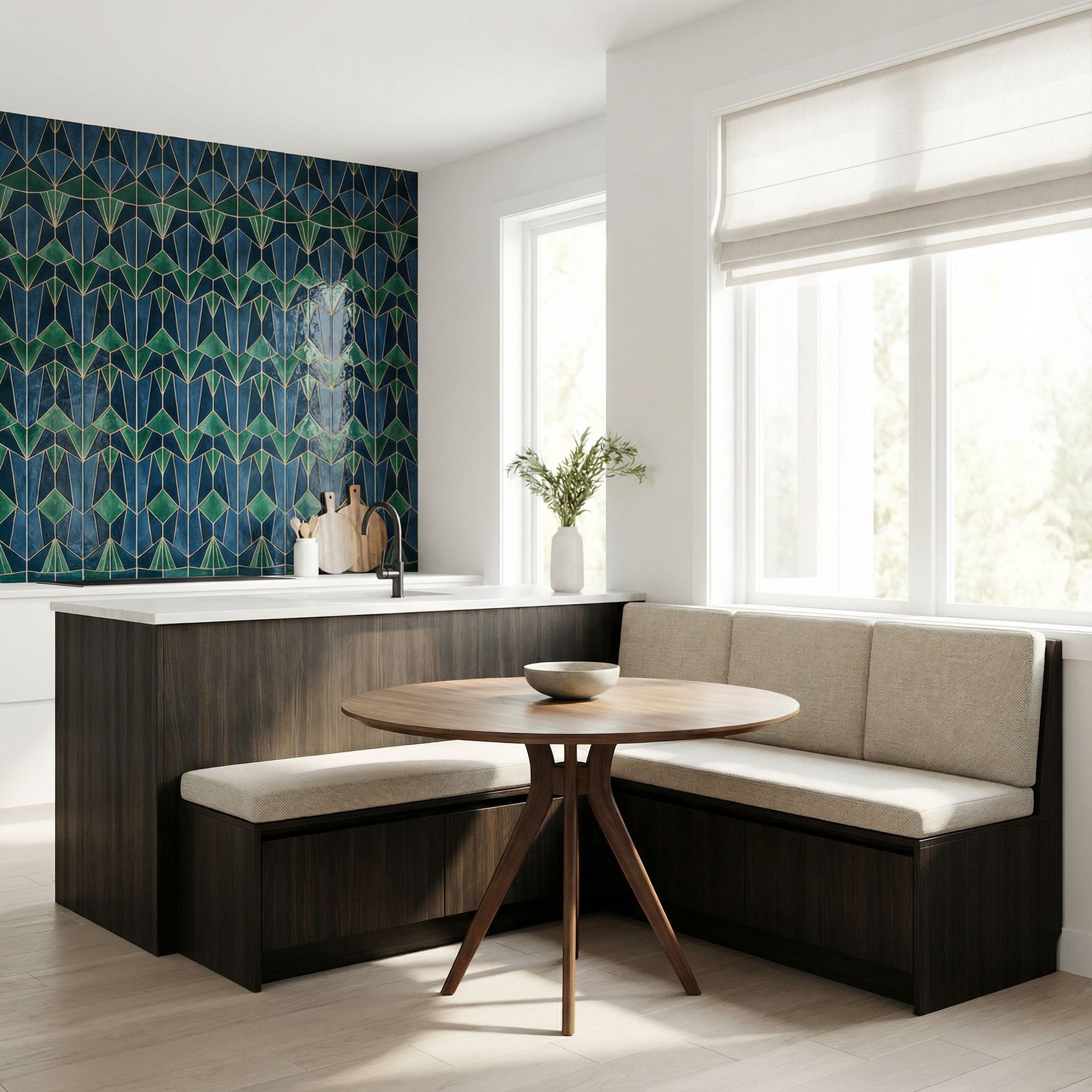 Kitchen Island Dining Nook with Statement Backsplash Design