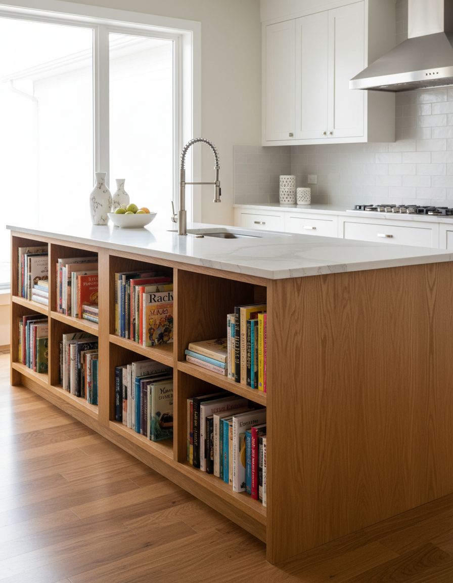 Kitchen Island with Double-Sided Cookbook Storage Nooks