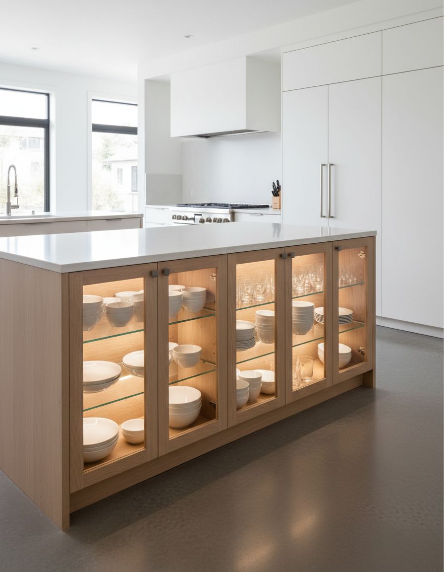 Kitchen Island with Double-Sided Glass-Front Storage