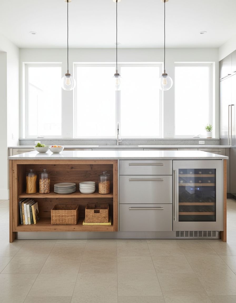 Kitchen Island with Double-Sided Mix Material Storage