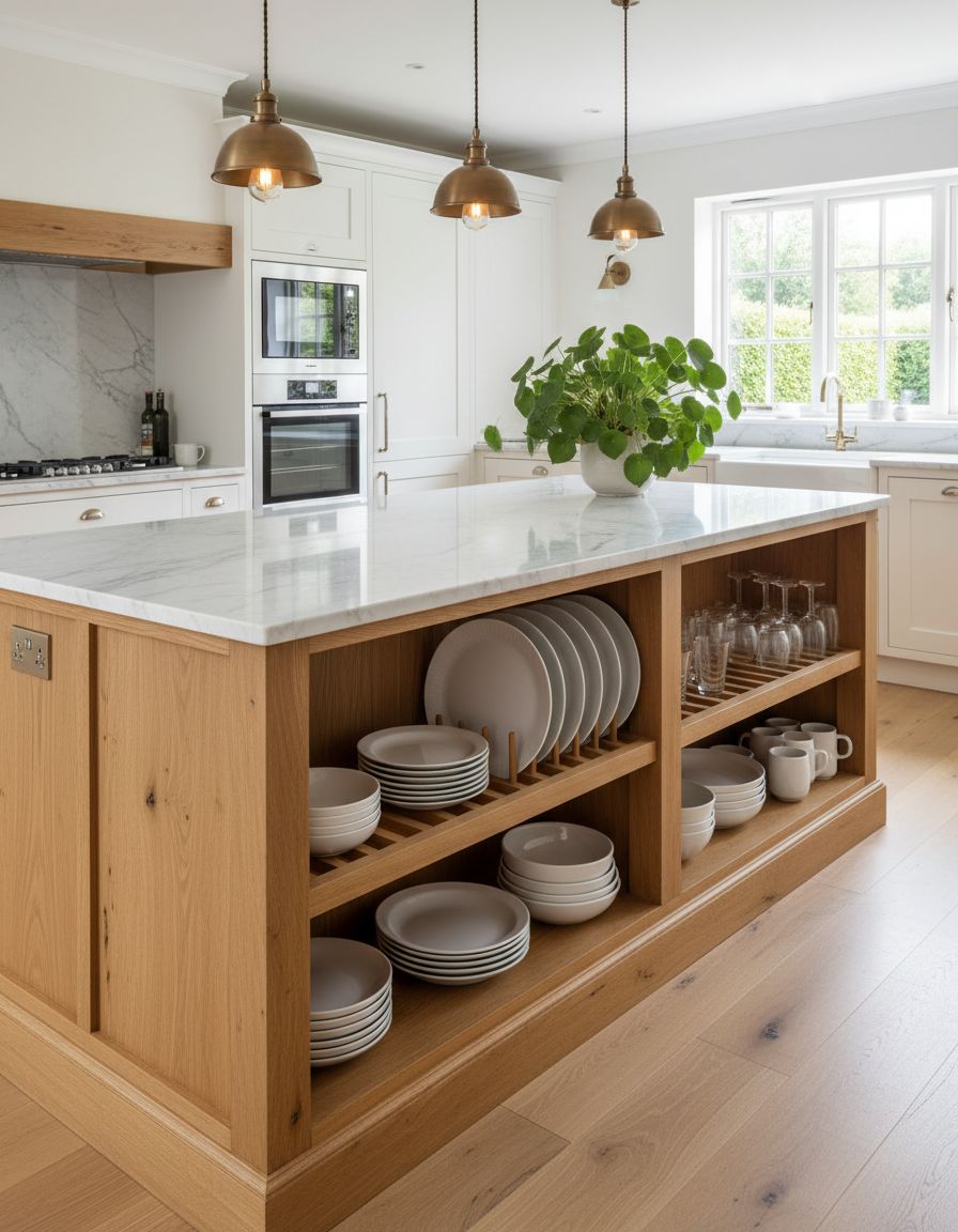 Kitchen Island with Double-Sided Plate Rack Storage