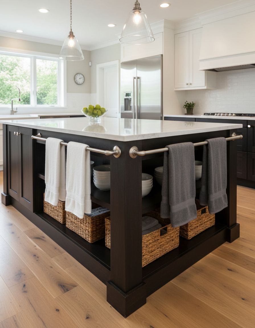Kitchen Island with Double-Sided Towel Bar Storage