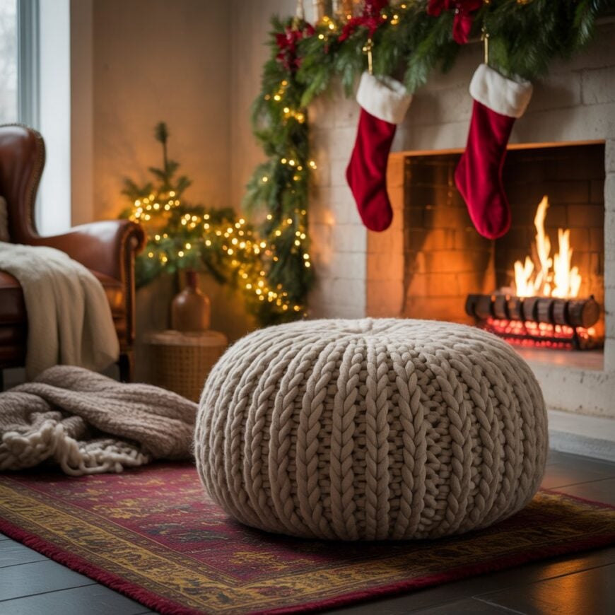 A cozy living room with a knitted pouf in front of a fireplace decorated with garland, stockings, and warm lighting.