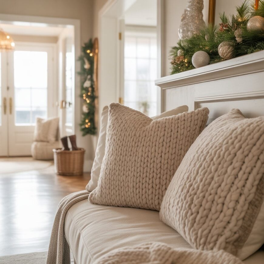 Beige knit pillows on a light-colored bench in a decorated entryway with greenery and ornaments on the mantle.