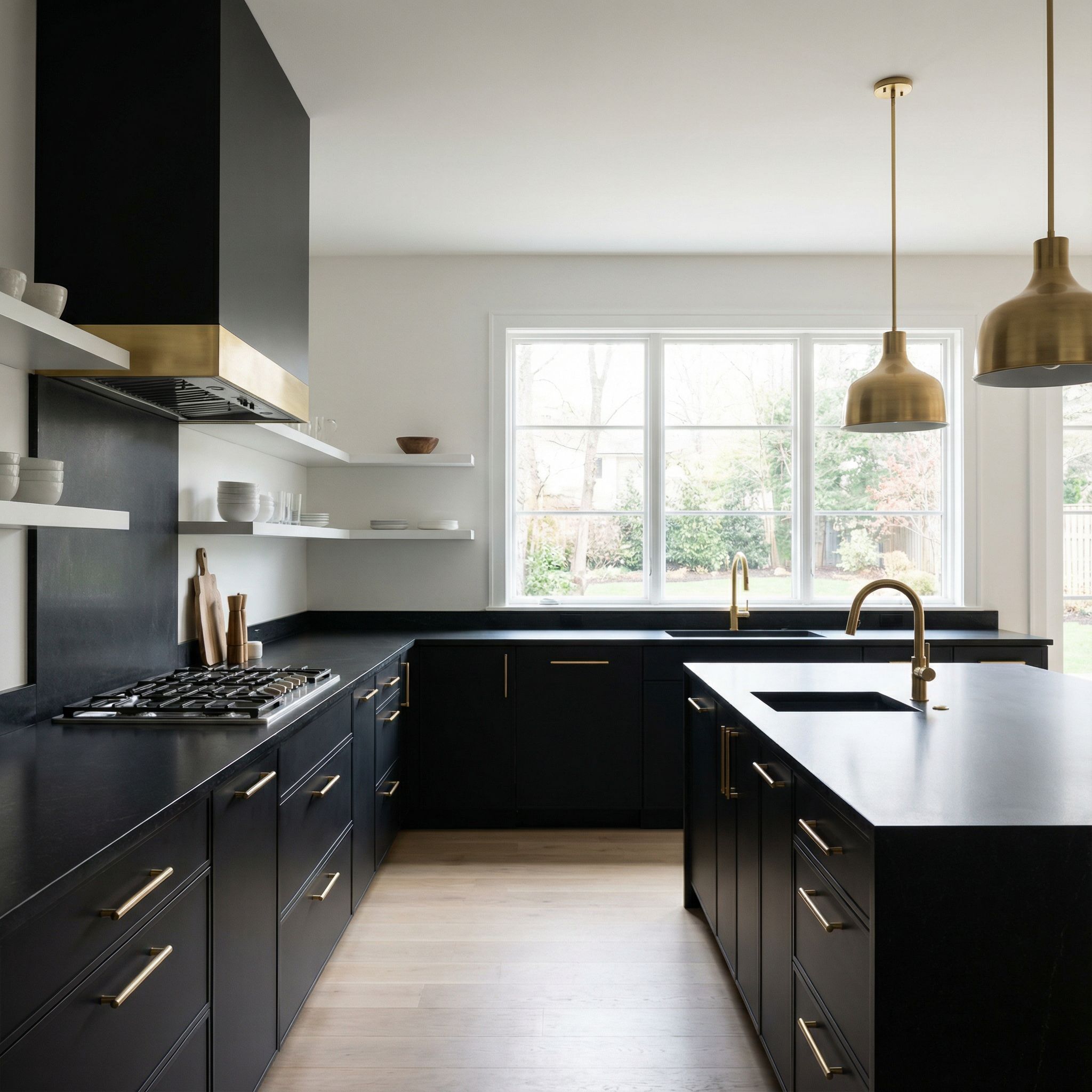 L-Shaped Matte Black Kitchen with Brass Accents