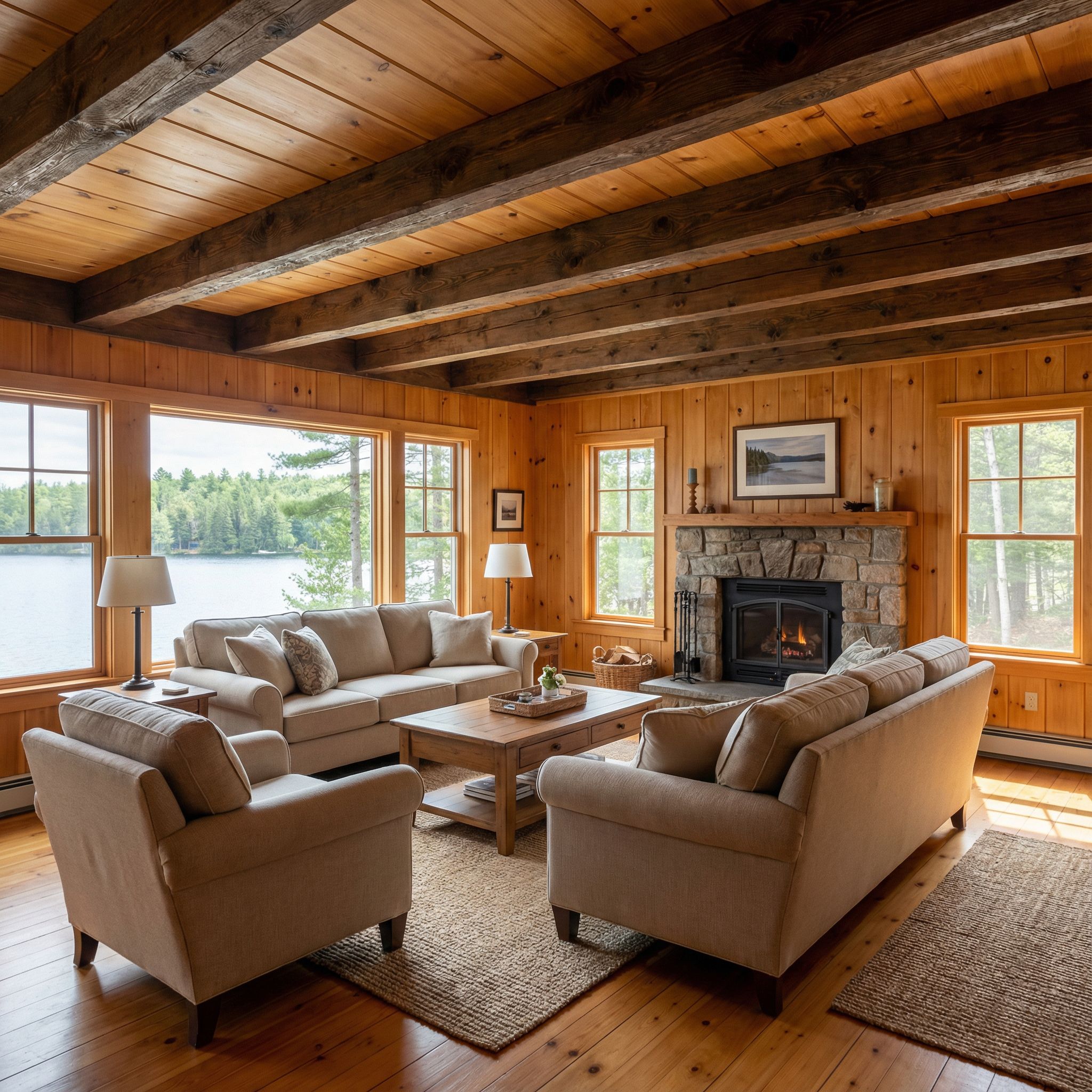 Lakehouse Wood Panelled Living Room with Knotty Pine Beams