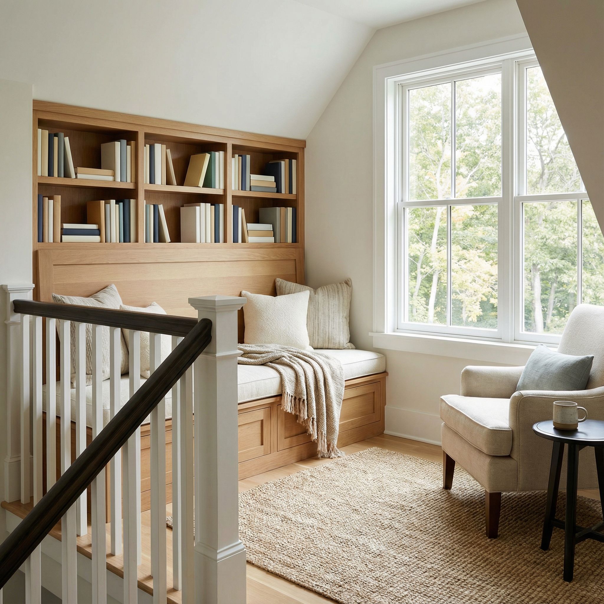 Landing Reading Nook with Bookcase Headboard