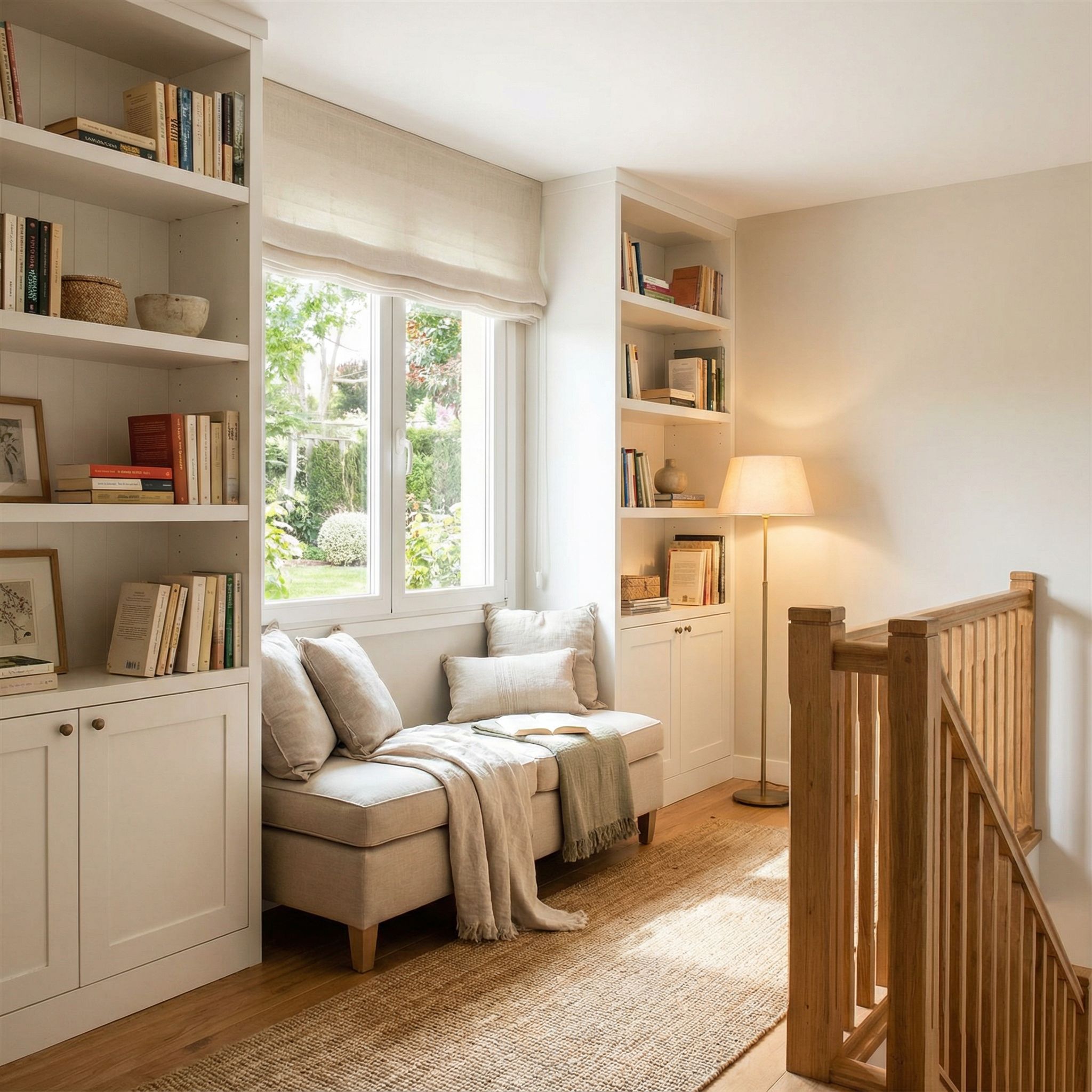 Landing Reading Nook with Built-In Shelving