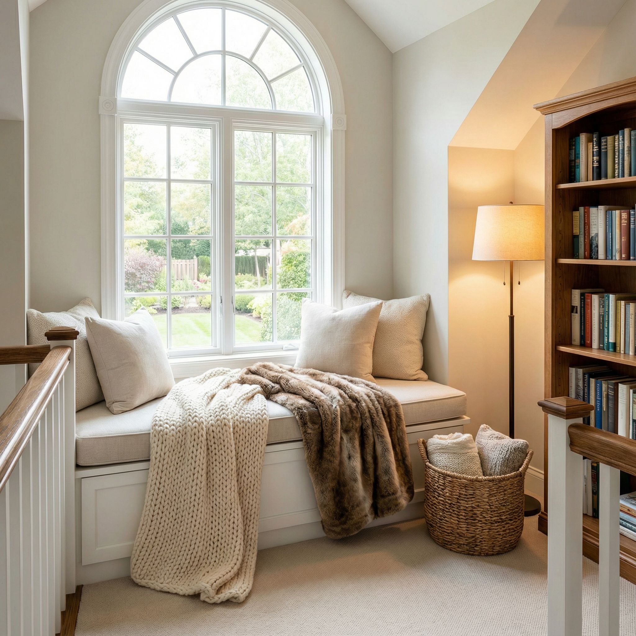 Landing Reading Nook with Cozy Throw Blankets