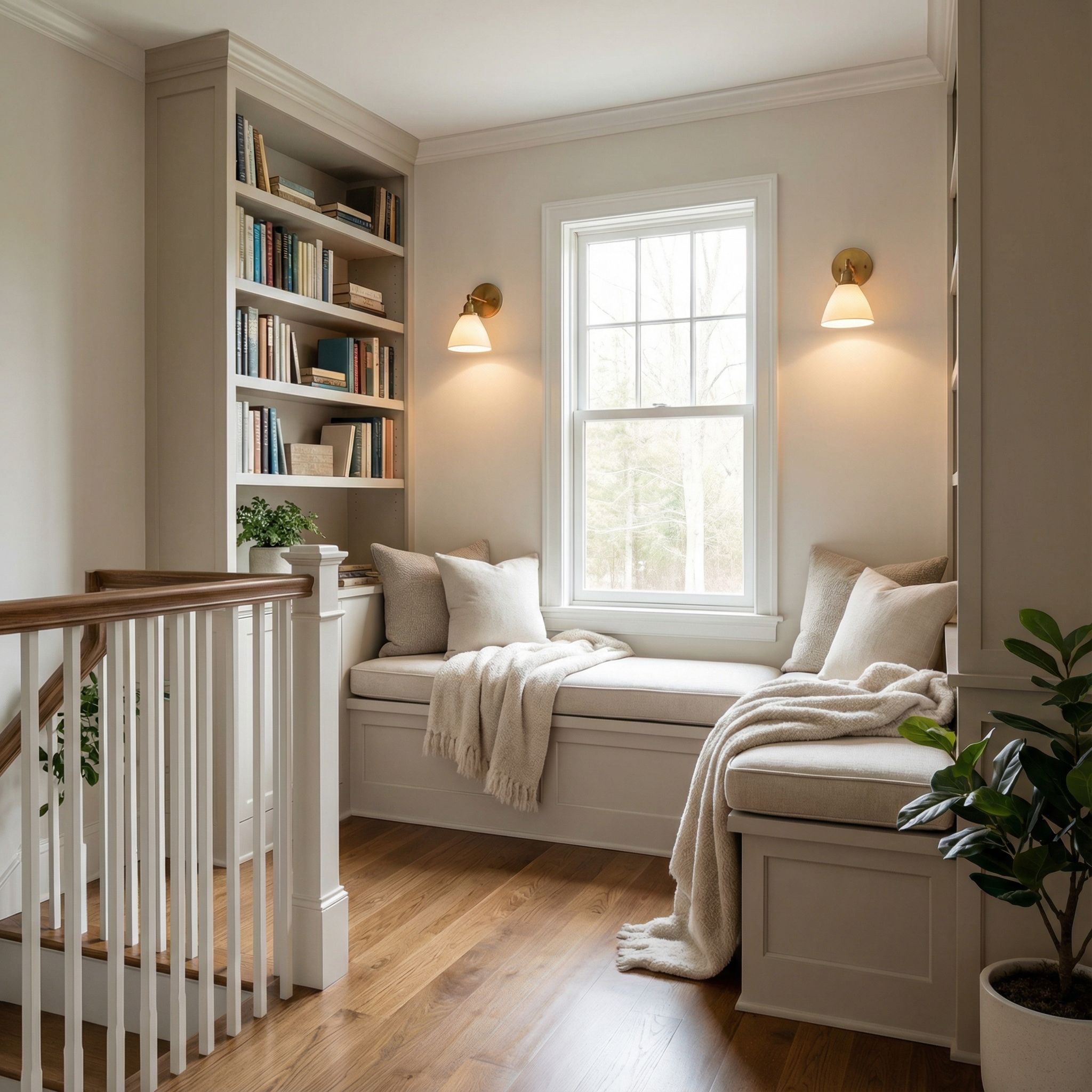 Landing Reading Nook with Wall Sconces