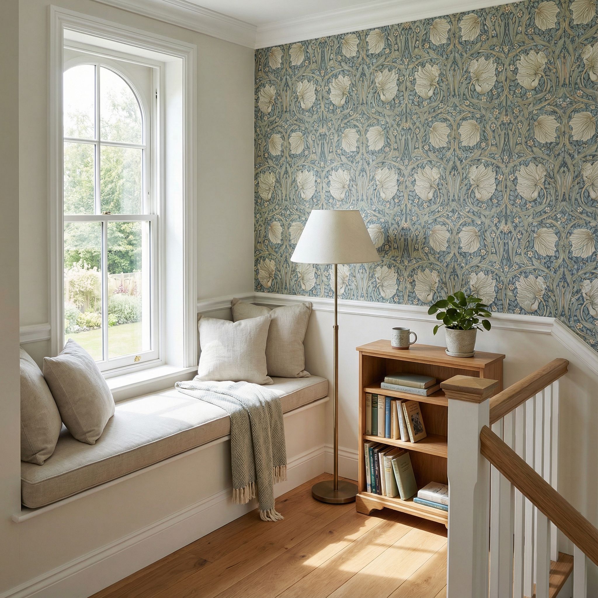 Landing Reading Nook with Wallpapered Accent Wall