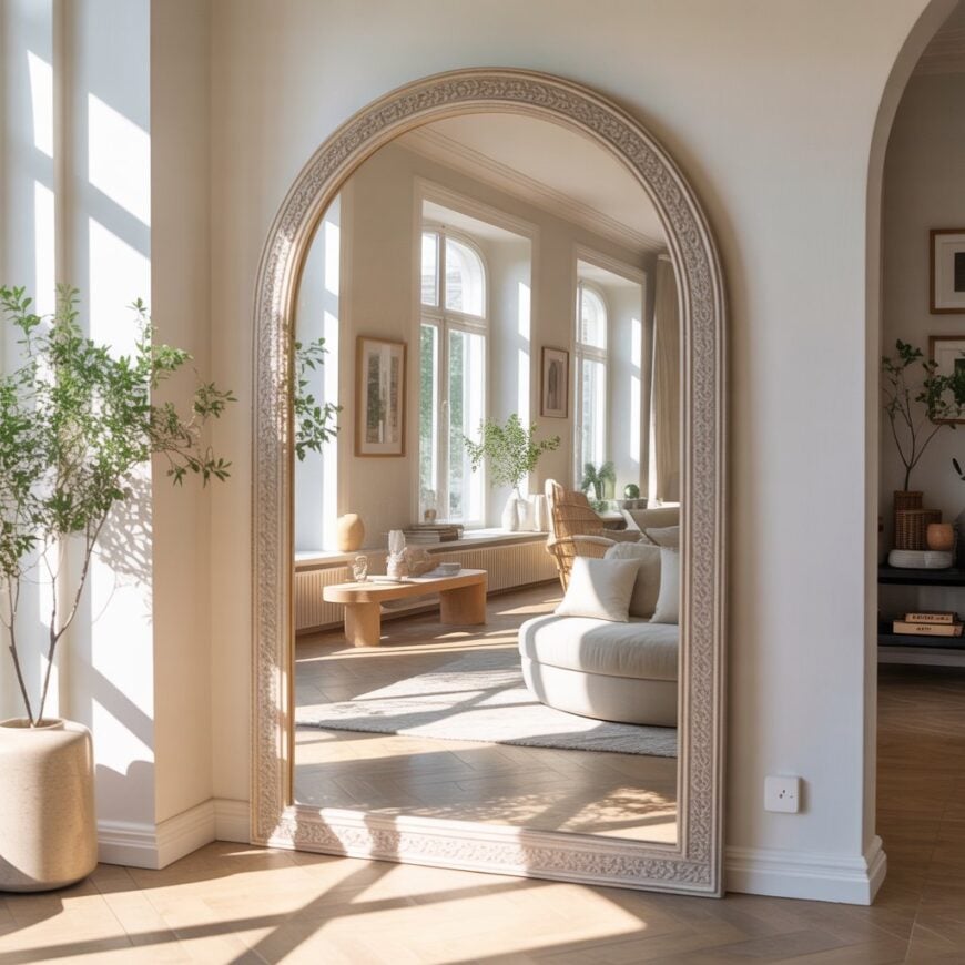 A large arched floor mirror reflecting a bright living room with light furniture, plants, and tall windows.