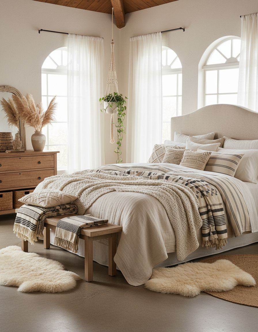 Layered Neutral Textiles Boho Farmhouse Bedroom
