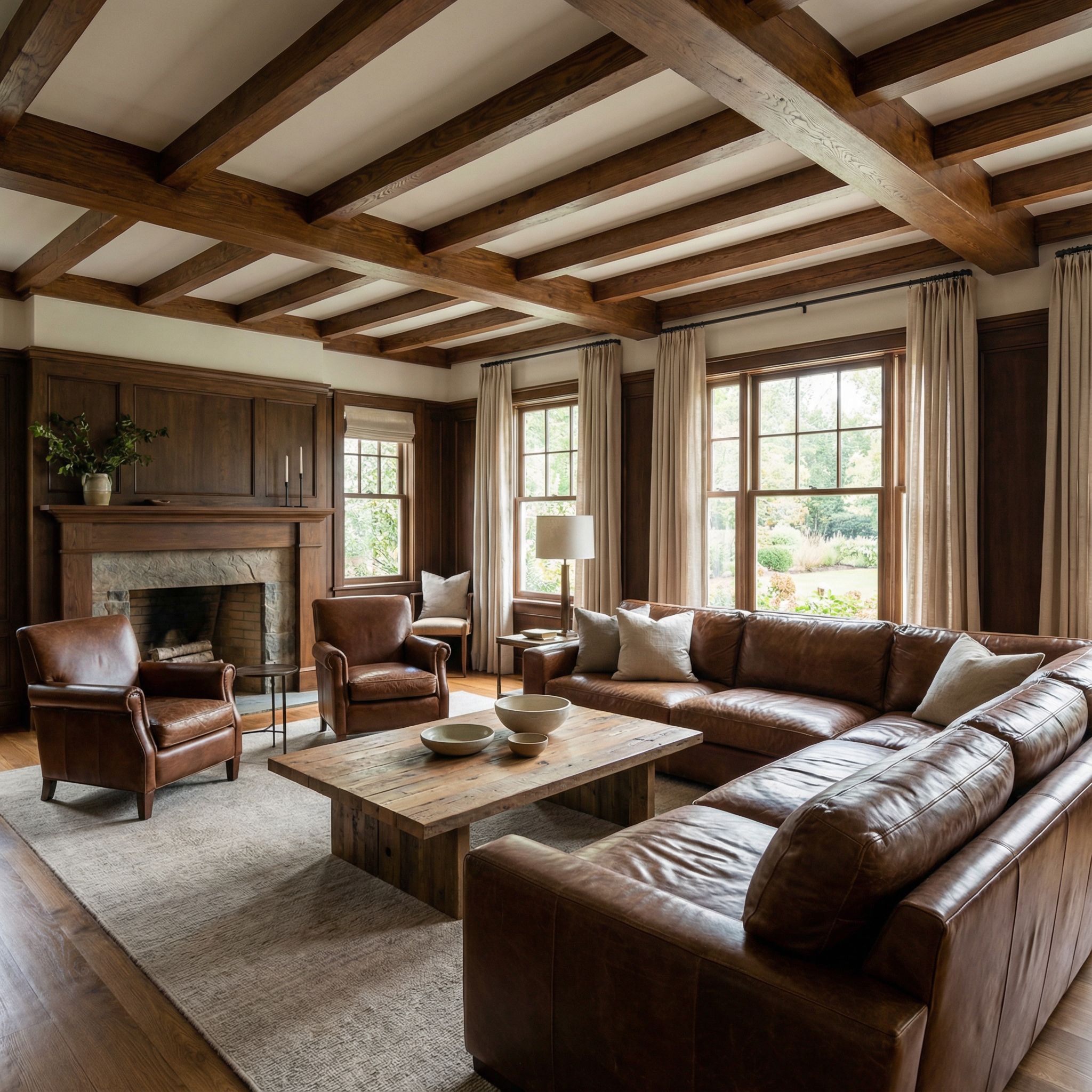 Leather and Wood Panel Living Room with Tobacco-Stained Beams