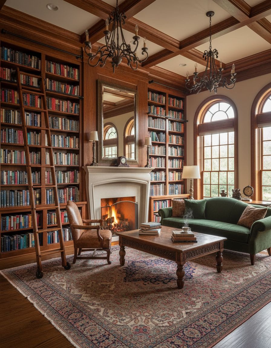 Library-Style Living Room with Ladder