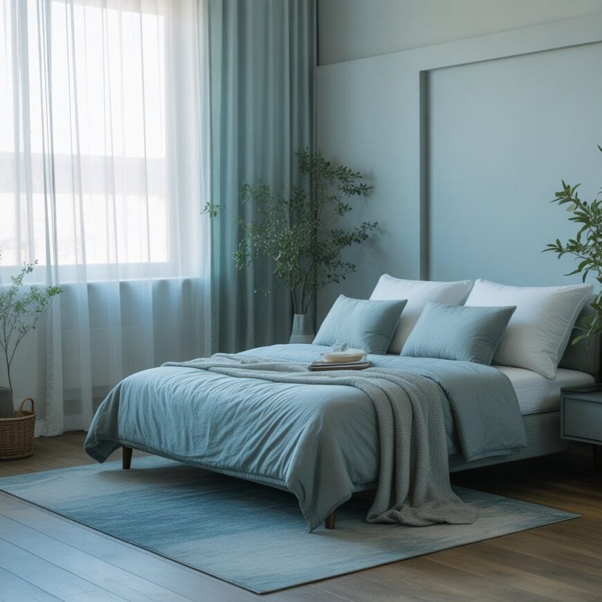 A calm bedroom with soft blue bedding, matching curtains, white pillows, and potted plants in natural light.