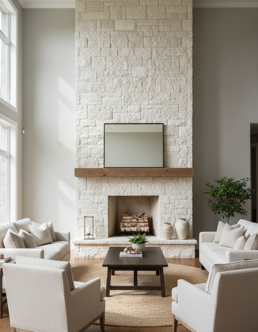Limestone Statement Fireplace in Transitional Living Space