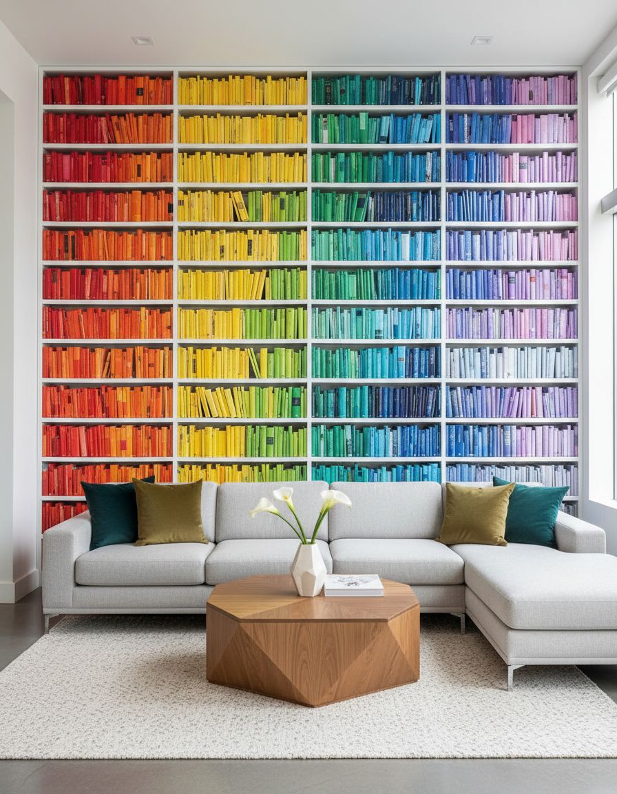 Living Room Featuring Color-Coded Book Organization