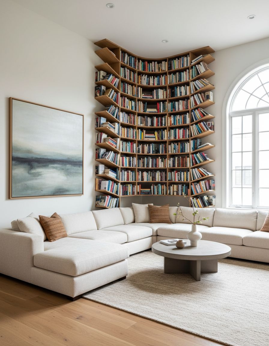 Living Room Featuring Corner Book Tower