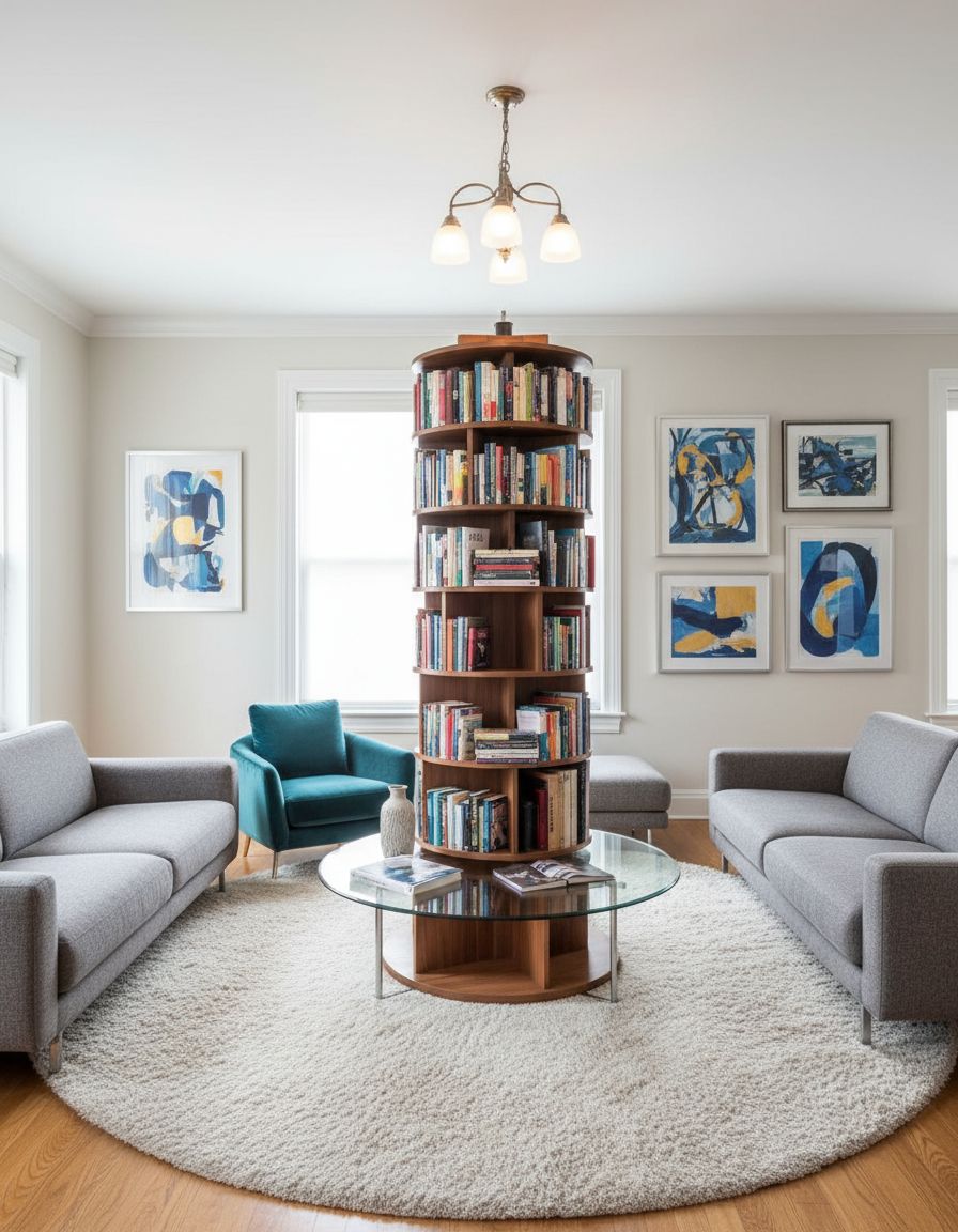 Living Room Featuring Rotating Book Tower