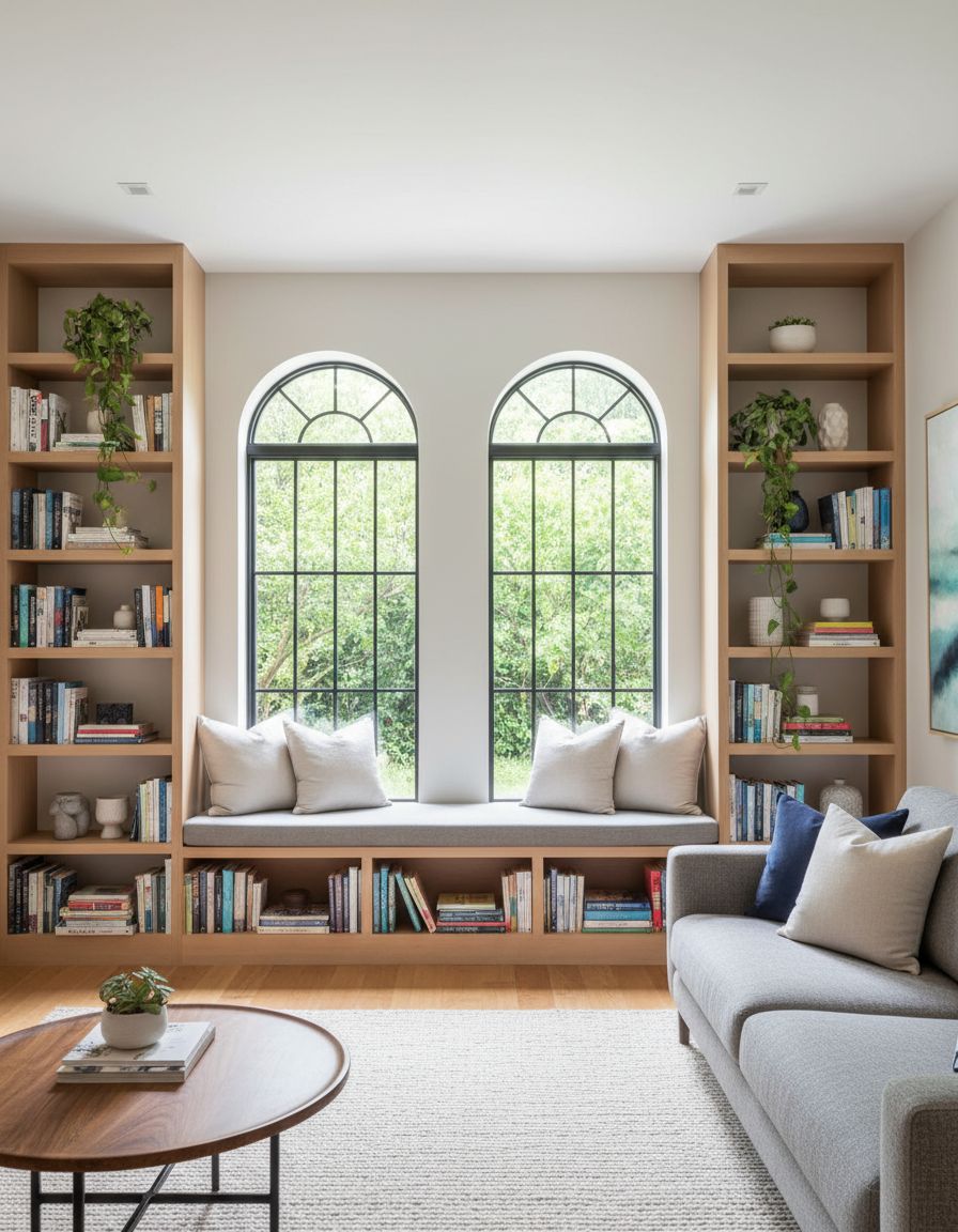 Living Room Featuring Window Seat Bookshelf
