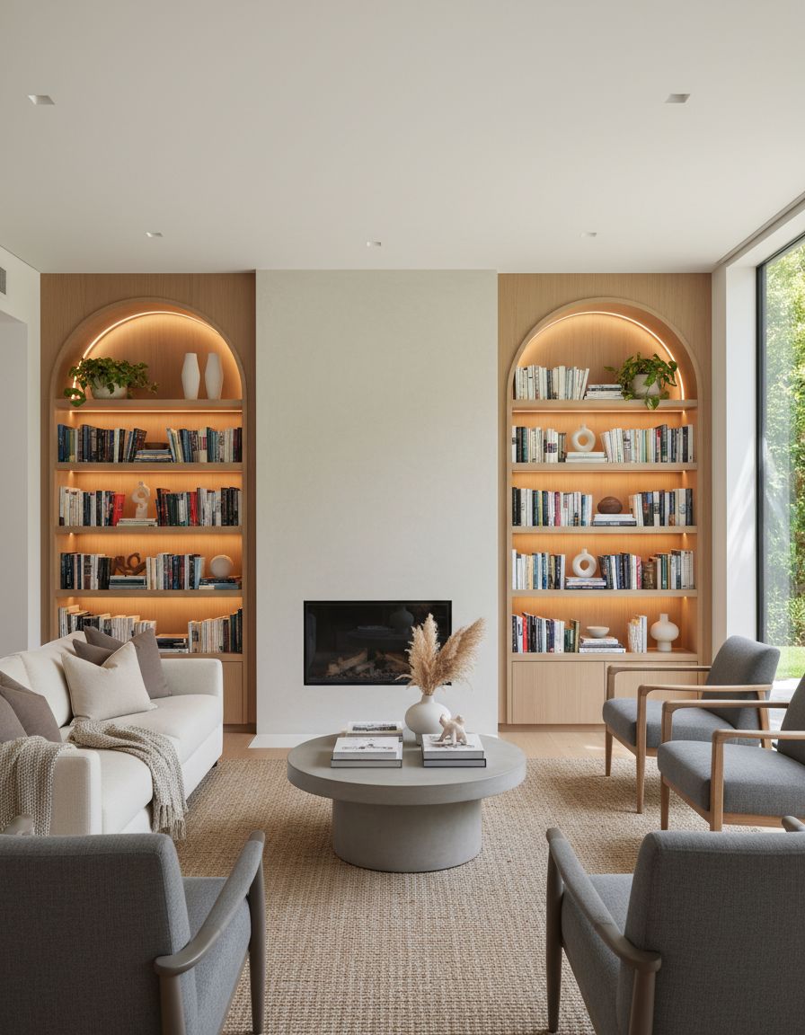Living Room with Arched Book Alcoves