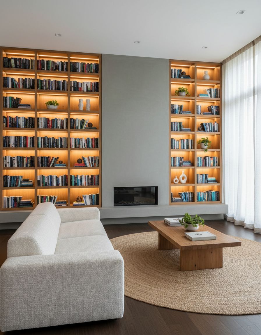 Living Room with Backlit Book Displays